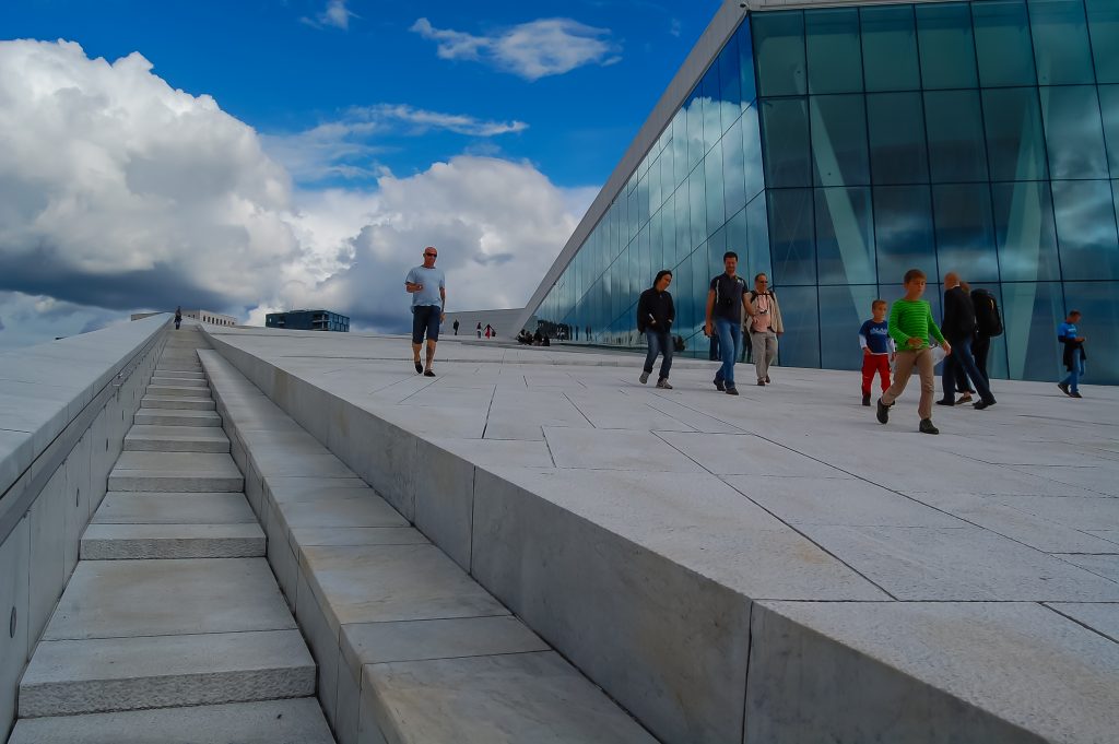 Walking on the roof of the Oslo Opera House.