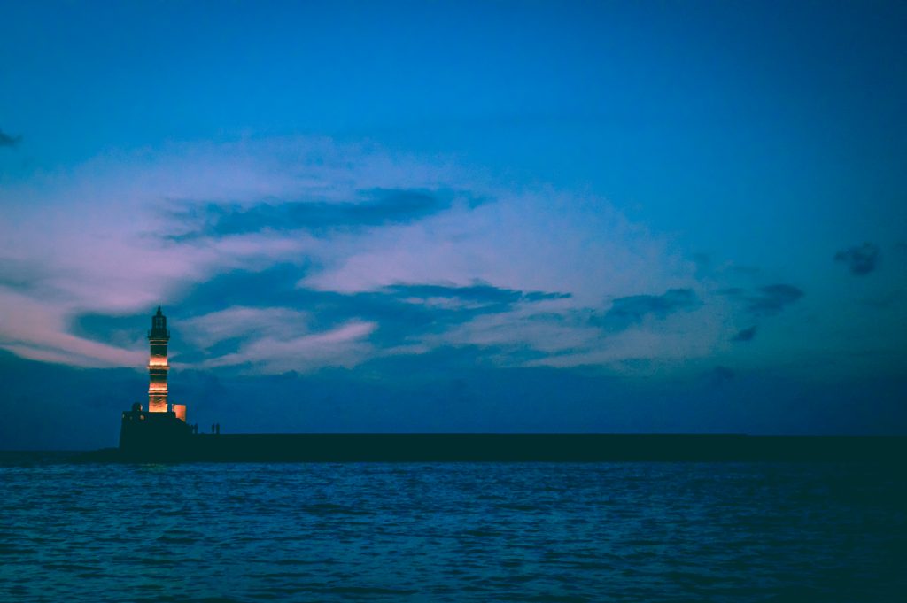 Chania lighthouse at night.